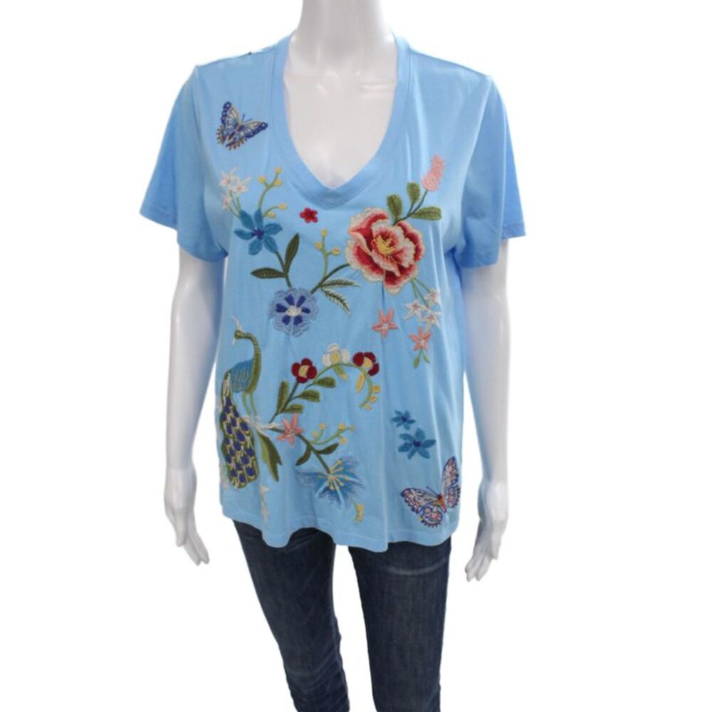 Johnny Was Womens Tunic Light Blue Floral VNeck Short Sleeve Size M